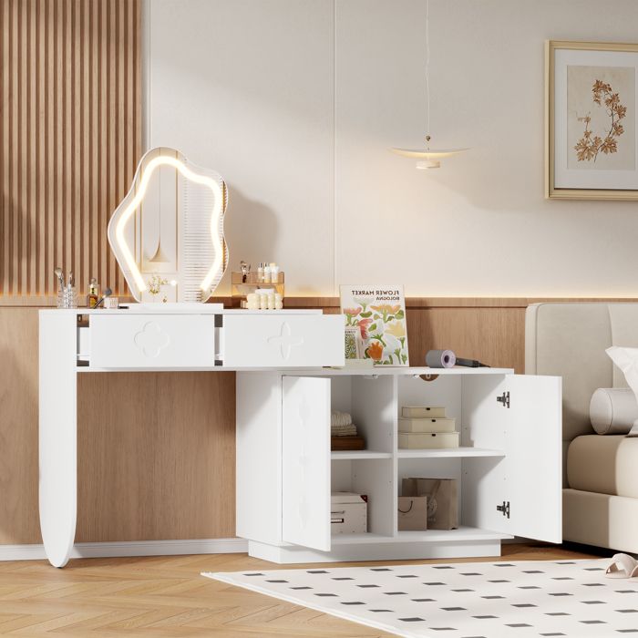 Modenuit Coiffeuse 160x40x132 cm avec miroir LED réglable 2 tiroirs et 2 portes blanc