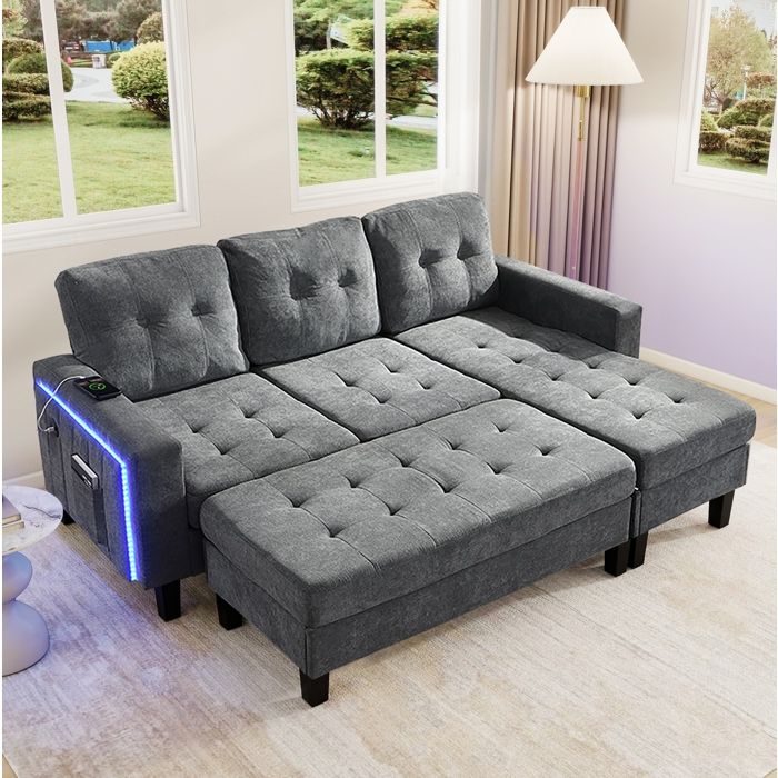 Canapé convertible angle en L EVRYAE 185 x 135 x 85 cm avec pouf mobile XXL LED USB chenille gris antique