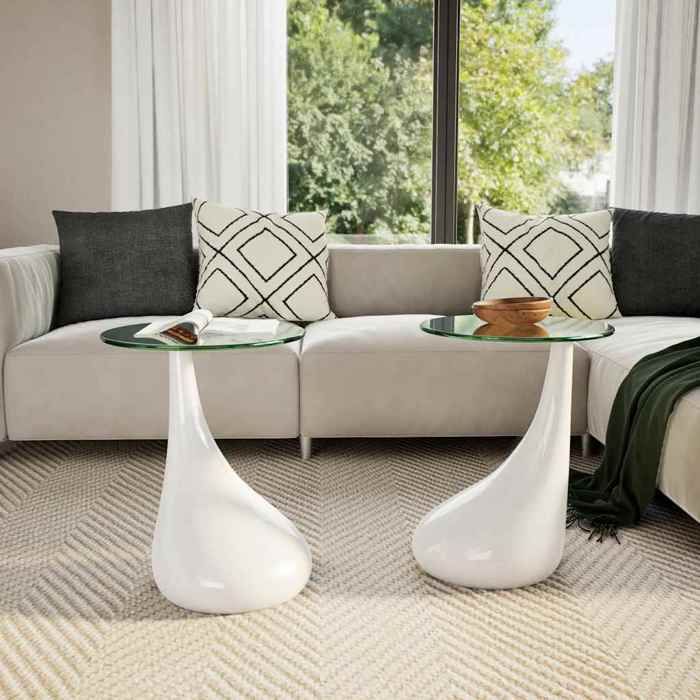 {Blanc}Table moderne - Table basse salon - et dessus de table Verre rond Blanc brillant - Lot de 2 - Cadre robuste_6793
