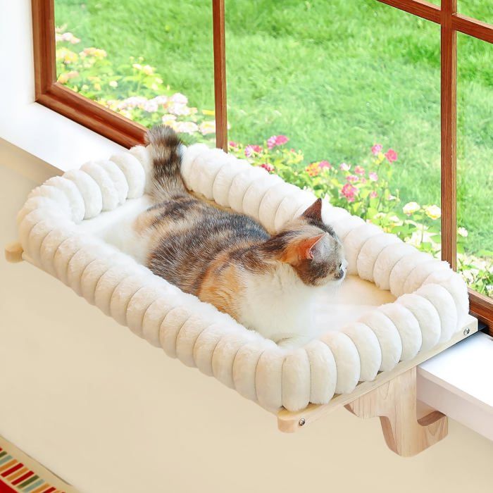 Perchoir Pour Chat Sur Rebord De Fenêtre Cadre En Bois Massif Et Métal Taille M Couleur Naturelle Crème