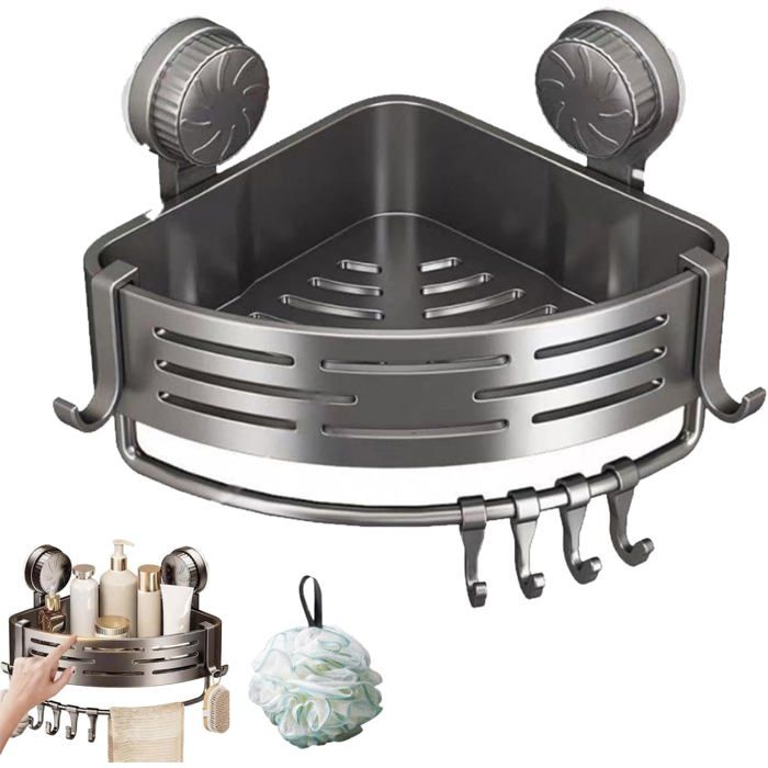 Support de douche d’angle à ventouse sans perçage étagère de salle de bain avec crochets.Fixation murale solide etc 22 5x6 8cm(1 pc)