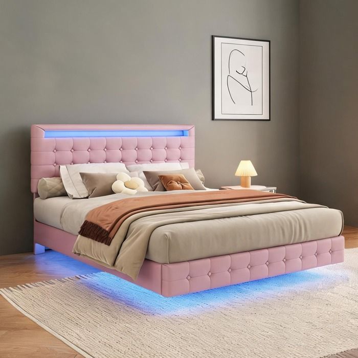 Lit flottant 140x200 cm avec éclairage LED d’ambiance sommier à ressorts et revêtement PU soft pink