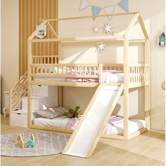 Lit Superposé Cabane 90×200 cm Lit Enfant Toboggan Échelle de Rangement 1 Sommier Inclus Bois Naturel