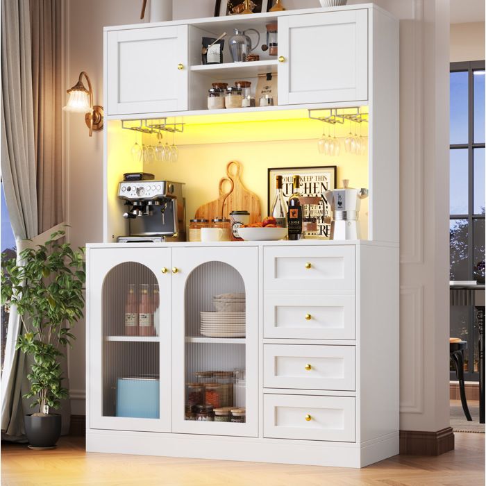 Buffet de cuisine vaisselier 4 portes 4 tiroirs LED porte-verres verre strié MDF 120 x 40 x 188 cm blanc ORVRYN