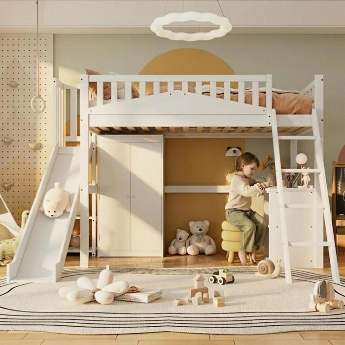 Lit mezzanine enfant - KOMHTOM - 90x200 - Toboggan - Bureau intégré - Armoire & étagères Lit mezzanine enfant - KOMHTOM - 90x200 - Toboggan - Bureau intégré - Armoire & étagères