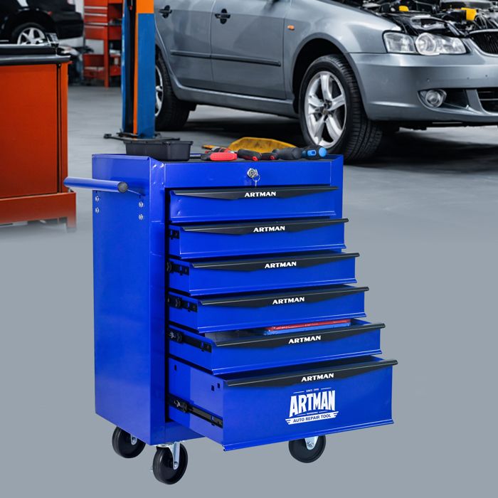 Servante datelier mobile 6 tiroirs avec roulettes et serrure acier noir et bleu 52 5 x 33 x 77 5 cm ORVRYN