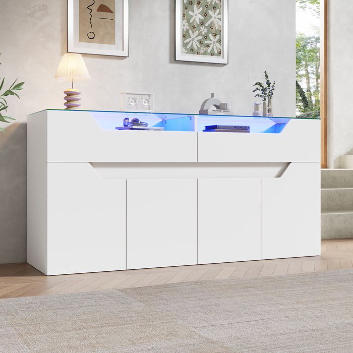 Buffet moderne blanc - 140x40x70 cm - Blanc pur - 2 tiroirs pratiques - Plateau en verre trempé - Structure en MDF