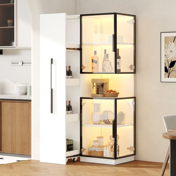 Vitrine avec étagère Coulissante 70x38x160 cm Armoire multifonction avec porte en verre et LED Vitrine de Collection Blanc