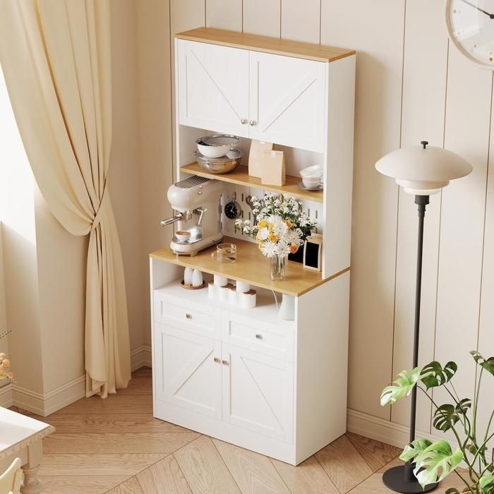 Buffet - KOMHTOM - 80x40x175 cm - Style campagne - 2 tiroirs & 4 portes - Blanc et bois Buffet - KOMHTOM - 80x40x175 cm - Style campagne - 2 tiroirs & 4 portes - Blanc et bois