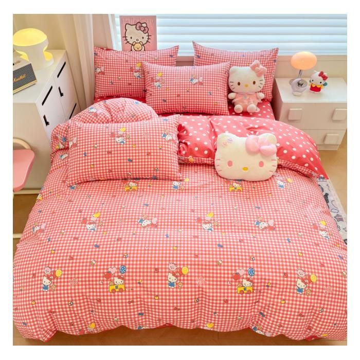 Pack linge de lit 4 pièces Hello Kitty carreaux rouge vichy