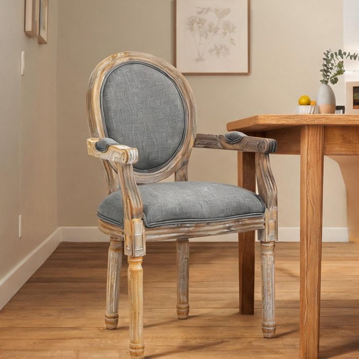 Chaise médaillon Louis XVI en bois massif patiné et tissu lin gris 56 x 55 x 96 cm