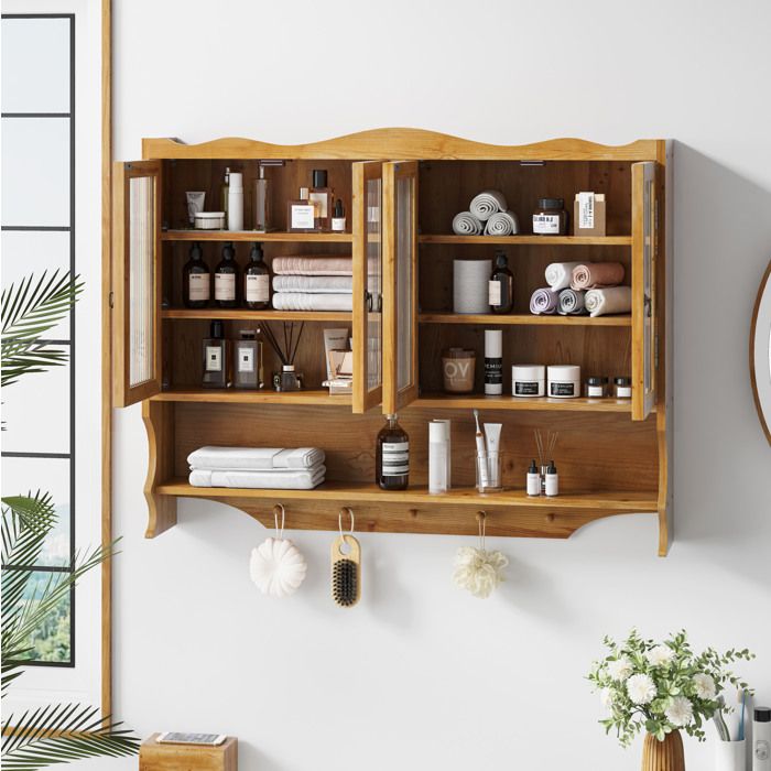 Armoire murale rétro 4 portes AESVAR 100 x 20 x 80 cm avec étagères amovibles verre et bois naturel