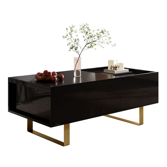 Table basse relevable rectangulaire 100 x 50 x 545 cm en MDF noir brillant avec tiroir et rangement pieds en fer pour salon