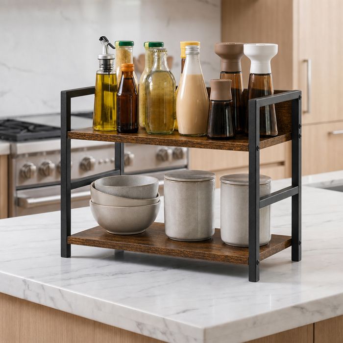 ETAGERE A EPICES - Étagère de rangement de cuisine structure robuste en fer forgé et bois massif 43 x 18 x 30 cm Bois brûlé