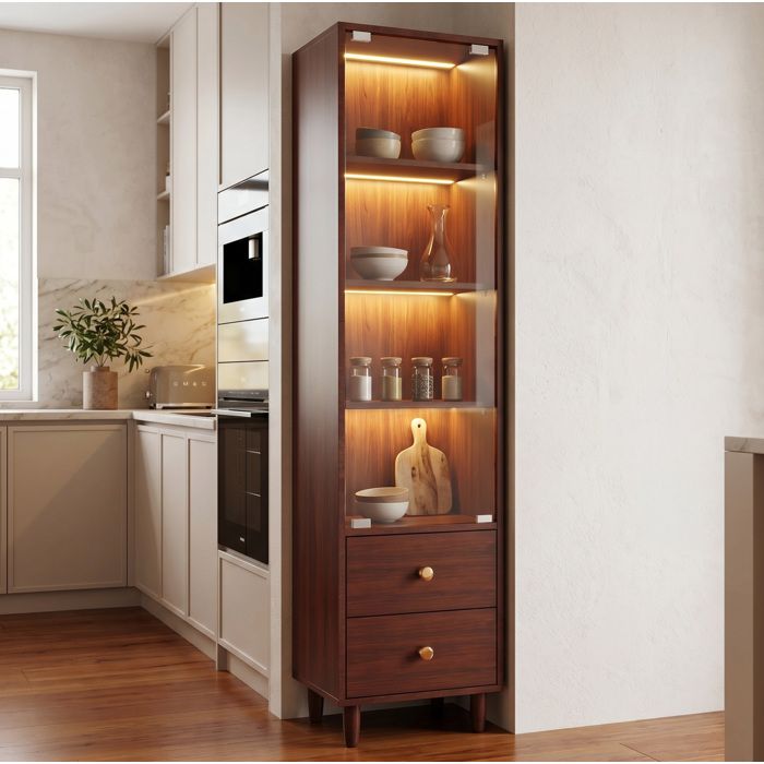 Vitrine haute LED porte vitrée 2 tiroirs 4 étagères MDF verre marron style rétro meuble de séjour VEVXYN