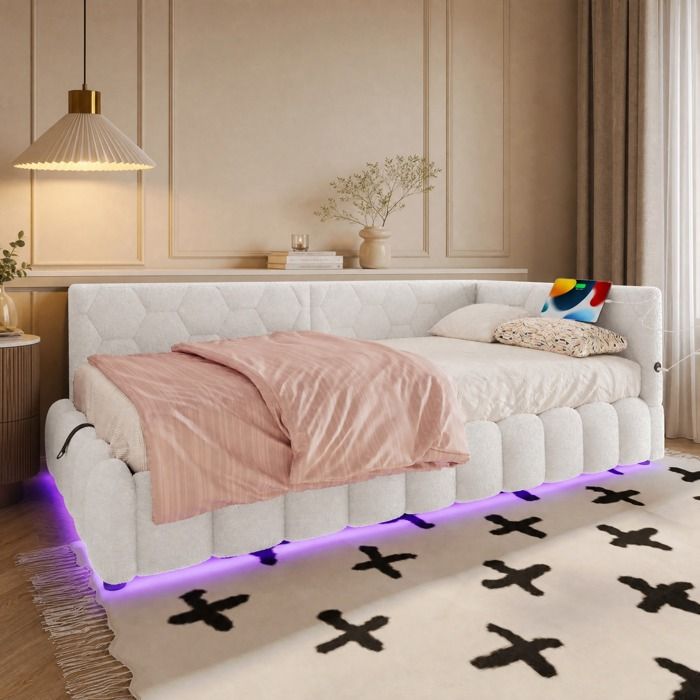 Lit banquette - ZEVKOR - 1 place 90×200 cm - Rangement hydraulique - LED intégrée - Ports USB/Type-C