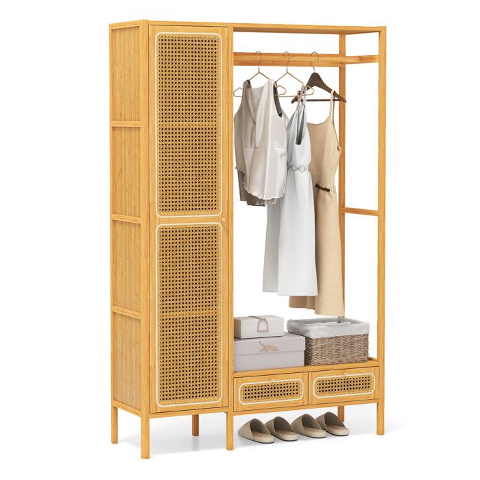 Portant à vêtements en bambou avec armoire tiroirs et tringle de suspension - Naturel
