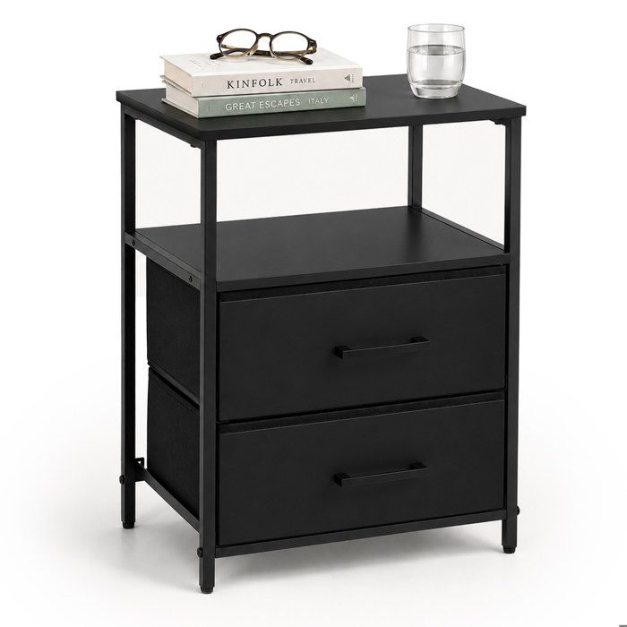 Relaxdays Table de chevet noir 1 pièce 2 tiroirs 2 étagères H x L x P : 61 x 38 x 28 cm table dappoint