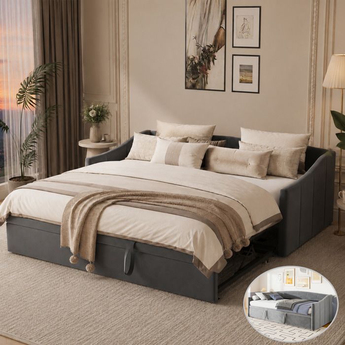 Lit gigogne 90x200 avec sommier à lattes Canapé-lit convertible avec Lit Roulant Escamotable Lit de palette 2 placesVelours Gris