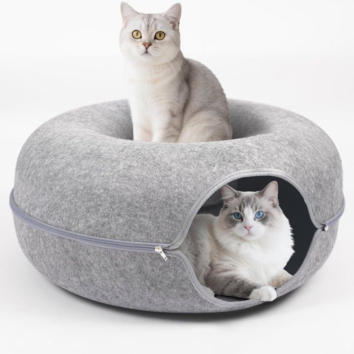 Cave pour chat grand modèle 60 cm tunnel et panier cachette lit douillet pour chat avec balle suspendue gris