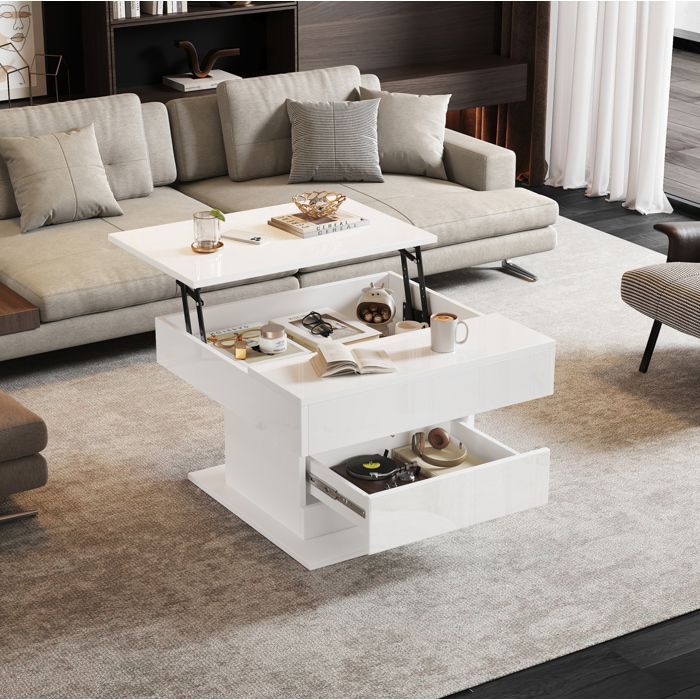 Table basse relevable pivotante 360° 70 x 70 x 45 cm avec rangement caché 1 tiroir blanc brillant ORVRYN