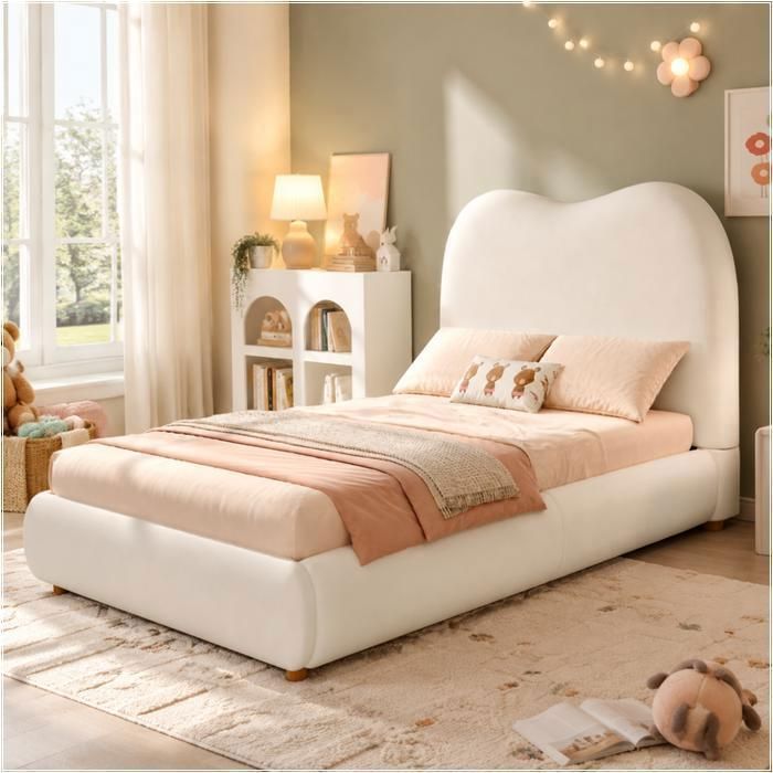 Piaenon - Lit enfant capitonné 90x200 cm simple avec rangement hydraulique et sommier - velours beige