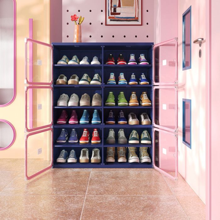 Meuble à Chaussures Pliable - 85x33 5x104 3 cm - Meuble de Rangement à 2 Colonnes et 6 Niveaux - Bleu et Rose