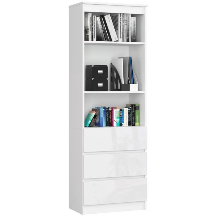 Bibliothèque de bureau AKORD R60 Blanche 60 cm 3 tiroirs façade Blanche Brillante 3 étagères 60x35x180 cm Bibliothèque de bureau AKORD R60 Blanche 60 cm 3 tiroirs façade Blanche Brillante 3 étagères 60x35x180 cm