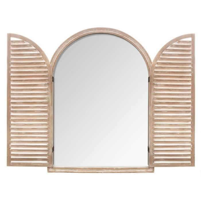 Grand Miroir Mural Bois Blanc Style Shabby – Volet Plein Cintre 118x60 Cm