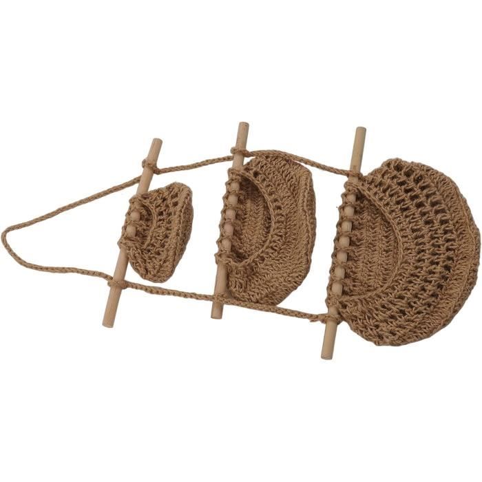 Corbeille à Fruits Suspendue Murale à 3 Niveaux - Tissée Corde Coton Et Bois - Rangement Cuisine, Salle De Bain, Balcon