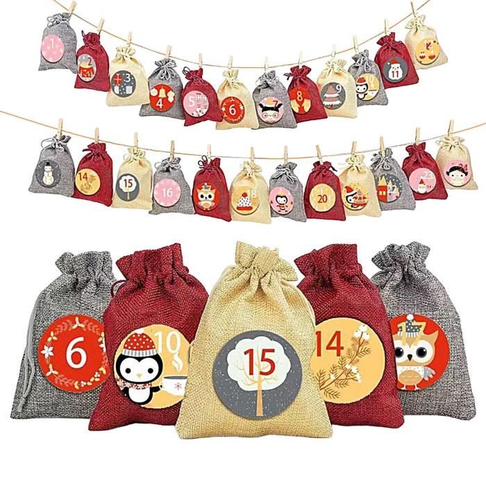 24 Sachets Jute Calendrier De L'Avent 10x15cm - Avec Étiquettes Arbre De Noël Et Ficelle