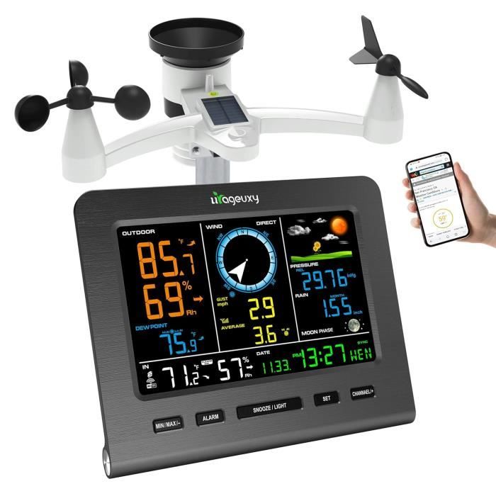 VIFLYKOO Station Météo Sans Fil 7.5" Écran VA – Thermomètre Hygromètre Int/Ext + Capteur, Prévisions, Phases De Lune, Alarme