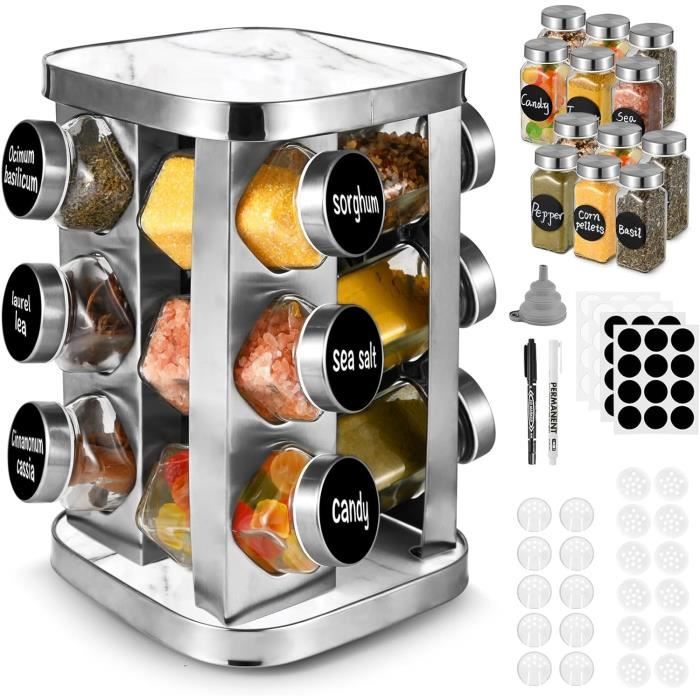 Porte-épices Tournant 360° – 20 Pots Inclus – Acier Inoxydable Noir – Compact Pour Cuisine – Étiquettes Fournies - 7