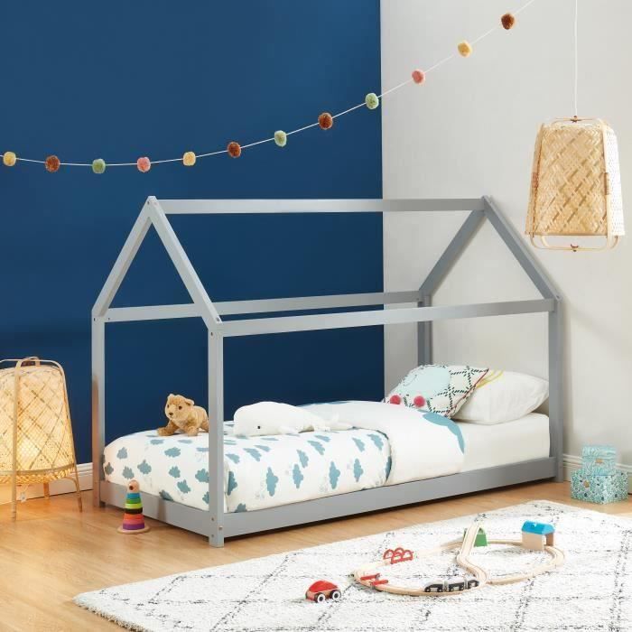 BAITA Lit enfant cabane pin gris 90x190 sommier inclus