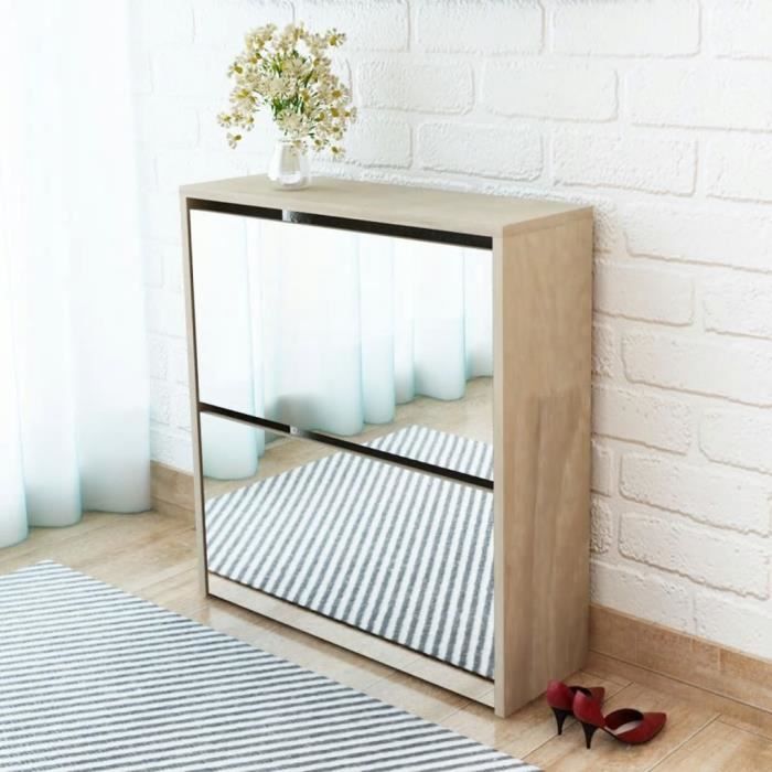 Meuble A Chaussures 2 Etages Avec Miroir 63 X 17 X 67 Cm Chene
