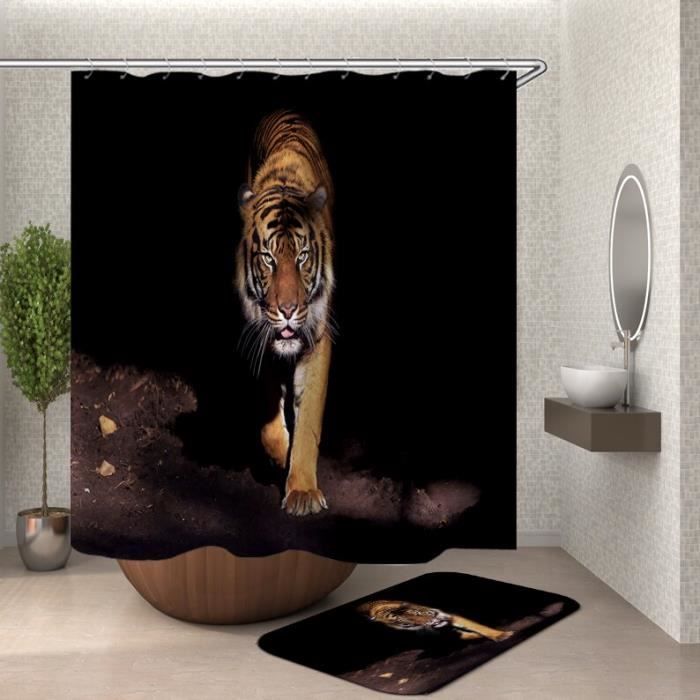 Félins Tigre Lion Polyester imperméable à l'eau salle de bains Tissu Rideau de douche 12 Crochet