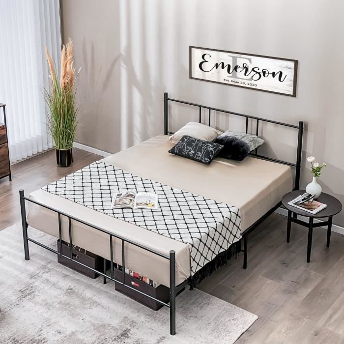 COSTWAY Lit Double pour Adulte - Cadre de Lit en Métal - 140 x 200 CM - 9 pieds de Support - pas de Sommier Nécessaire - sans Bruit