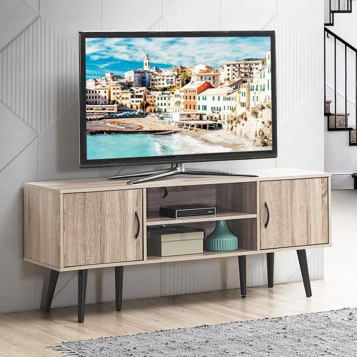 costway meuble tv 147 x 39,5 x 62 cm console multimédia avec 2 armoires de rangement, 2 étagères ouverte pour tv jusqu'à 60''