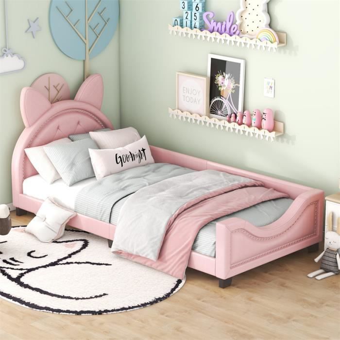 lit simple d'enfant 90 x 200 cm - lit en forme d'oreilles en carton avec sommier à lattes en bois et dossier - rose
