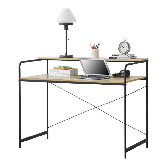 en.casa Bureau avec Etag/ères Poste de Travail Table Panneau de Particules de Bois et Acier Rev/êtu par Poudre Noir et Ch/êne 122 x 120 x 64 cm