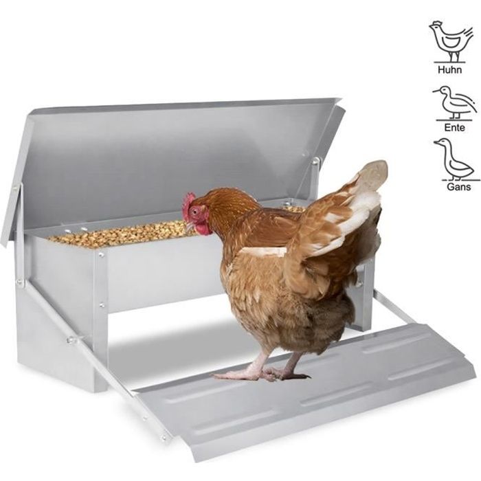 Meilleurs prix pour HENGMEI Mangeoire pour poules, Acier galvanisé, Avec pédale à ouverture automatique, Couvercle étanche et anti-rats, 5KG