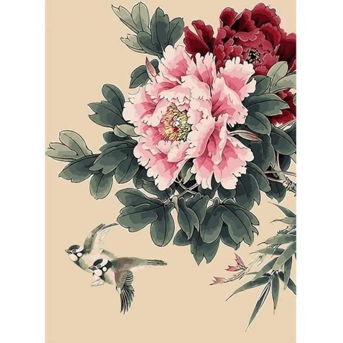 Puzzle En Bois Pour Adultes Fleurs Bleues Et 2 Oiseaux Peinture De Décoration, Affiche 26x38cm