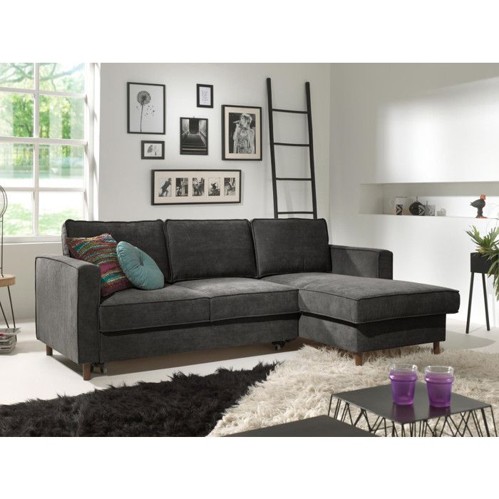 Canap&eacute; d'angle droit convertible 4 places Velours c&ocirc;tel&eacute; Gris fonc&eacute;
