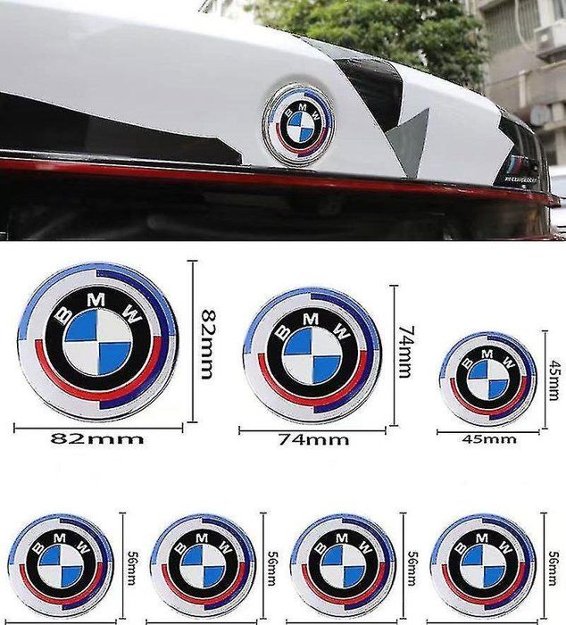 Kit 7 pièces insignes BMW 50e anniversaire - logos capot 82mm coffre 74mm volant 45mm 4 caches-moyeu 68mm