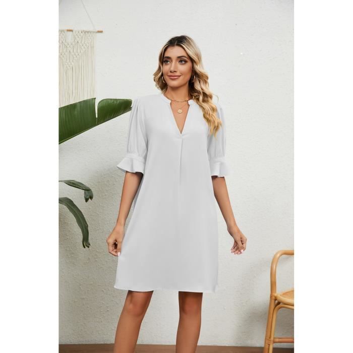 Robe Tunique D'?�t?� Pour Femme - Robe Courte ??l?�gante - Robe D?�contract?�e Avec Demi-manches,blanc 