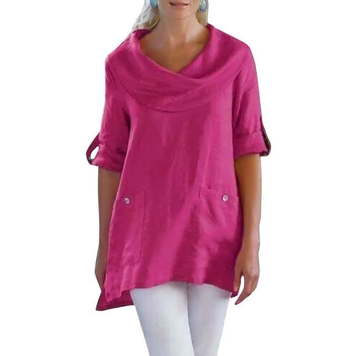 Chemisier Femme En Coton Et Lin - Manches Courtes, Col V - Tunique Chic Et Élégante Pour L'Été - Couleur Unie