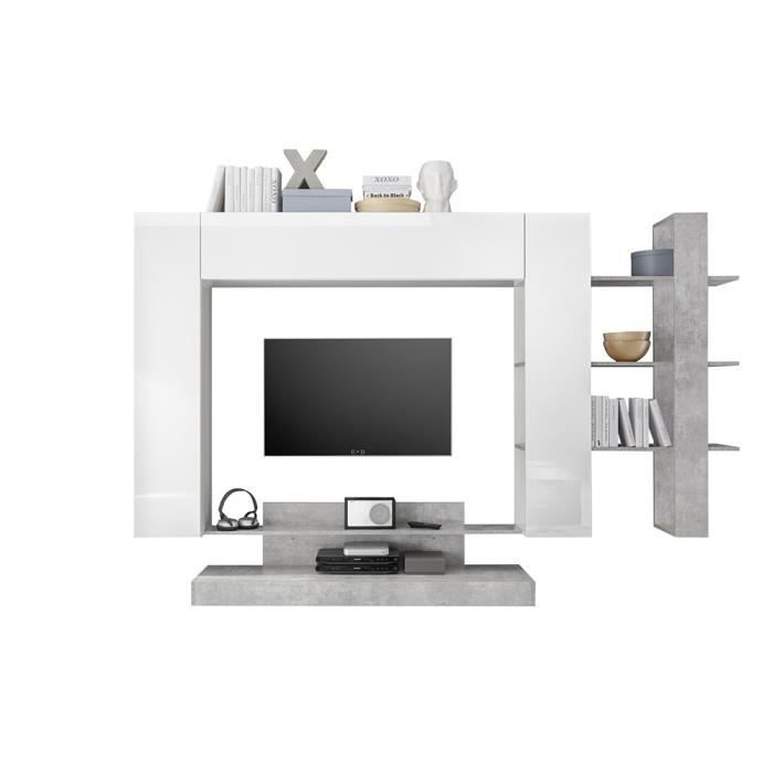 Ensemble de meubles de salon - PRICE FACTORY - KALO - Blanc laqué et gris effet béton - 2 portes et 4 étagères