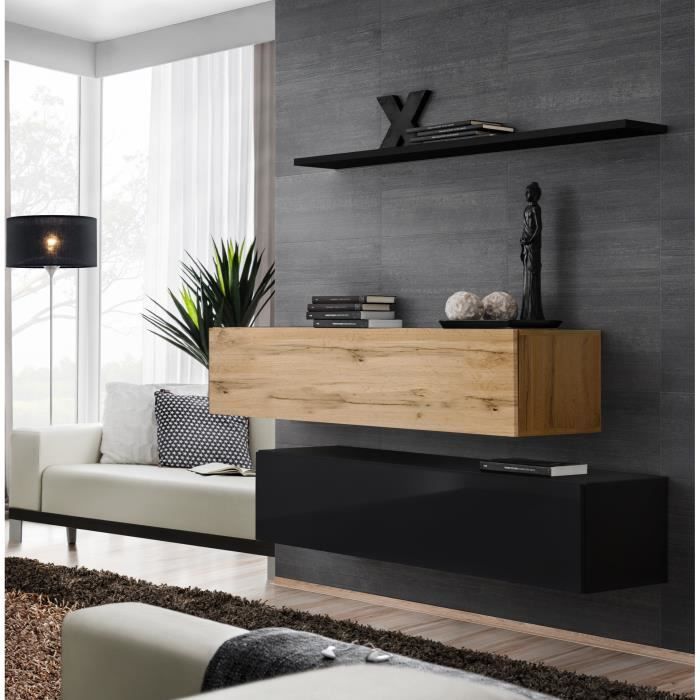 ensemble meubles de salon switch sbii design, coloris noir brillant et chêne wotan. 30 noir