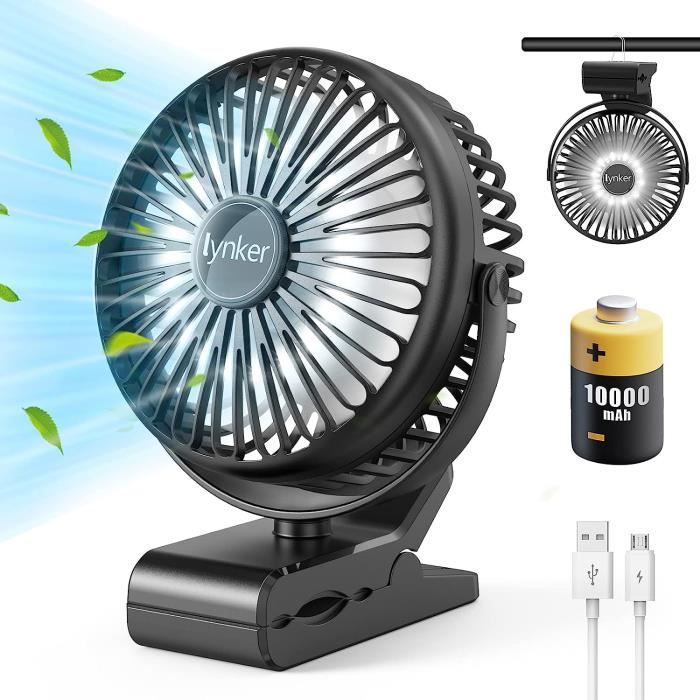 Mini Ventilateur USB à Pince - Rotation 360°, écran LED, 100 Vitesses, Batterie 1800 MAh - Pour Voiture, Bureau, Camping - Blanc