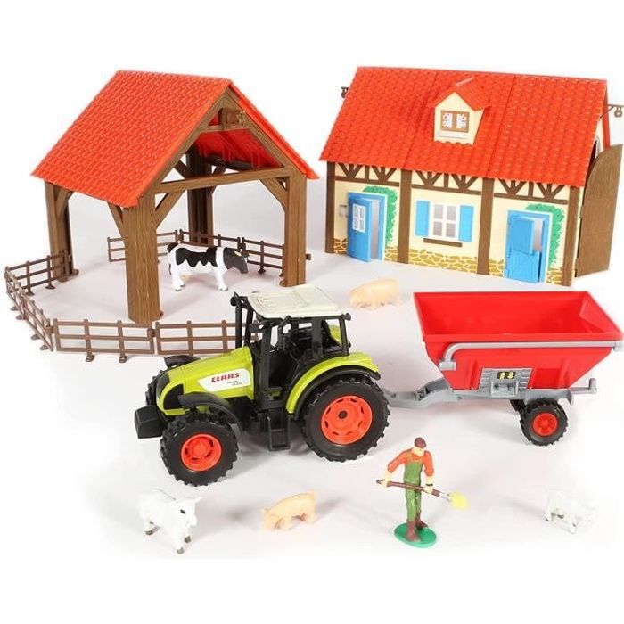 Animaux et Accessoires de Ranch deAO Jeu de Ferme avec Véhicules à Friction Set 2in1 Comprend Tracteurs Figure de Fermier 